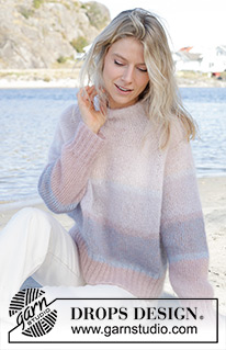 Watercolour Horizons Sweater / DROPS 241-3 - Knitted sweater in 2 strands DROPS Kid-Silk. The piece is worked top down with raglan, stockinette stitch, stripes and double neck. Sizes S - XXXL.