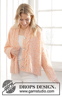 Peach Blossom Cardigan / DROPS 241-34 - Knitted jacket in DROPS Alpaca Bouclé and DROPS Kid-Silk. The piece is worked bottom up with cables, stocking stitch and split in sides. Sizes XS - XXL.