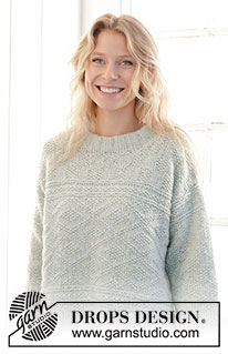 Mint Dream Sweater / DROPS 241-36 - Knitted jumper in DROPS Air. The piece is worked bottom up with relief-pattern, diagonal shoulders and double neck. Sizes XS - XXXL.