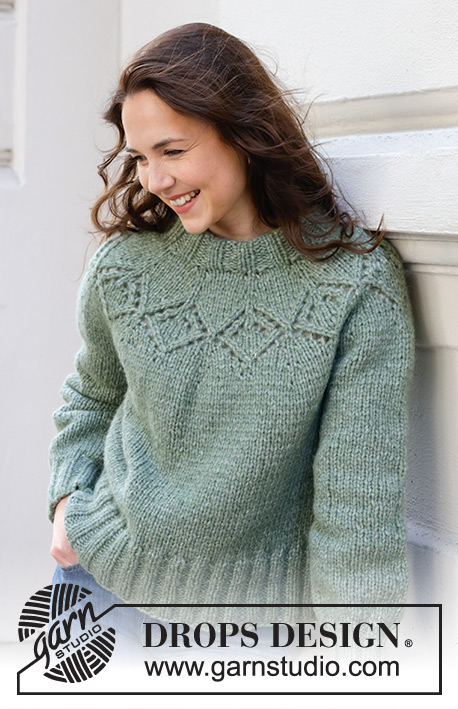 Sage Advice / DROPS 243-17 - Knitted jumper in DROPS Snow or DROPS Wish. The piece is worked top down with round yoke and lace pattern. Sizes XS - XXL.