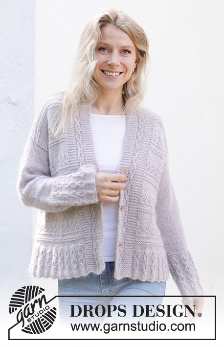 Lavender Romance Cardigan / DROPS 243-18 - Knitted jacket in DROPS Alpaca and DROPS Kid-Silk. The piece is worked bottom up with garter stitch and relief-pattern. Sizes S - XXXL.