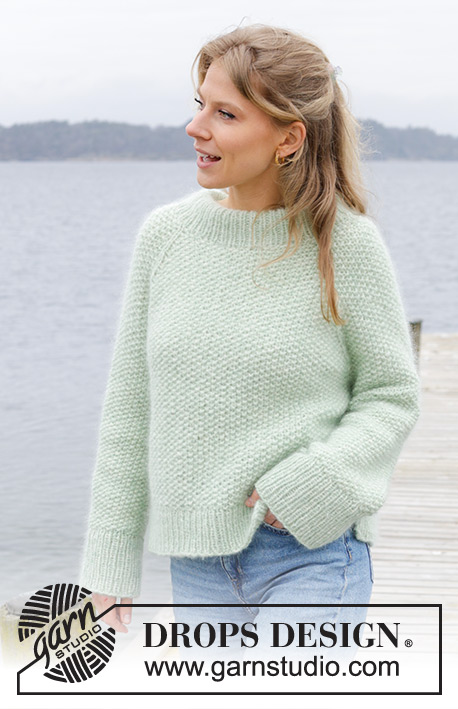 Green Whisper / DROPS 243-3 - Knitted sweater in DROPS Air and DROPS Kid-Silk. The piece is worked top down with moss stitch, double neck, raglan and split in sides. Sizes S - XXXL.