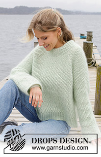 Green Whisper / DROPS 243-3 - Knitted sweater in DROPS Air and DROPS Kid-Silk. The piece is worked top down with moss stitch, double neck, raglan and split in sides. Sizes S - XXXL.