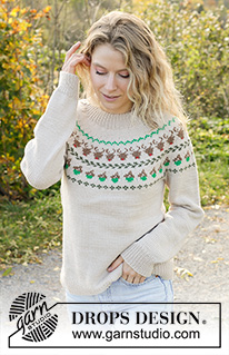 Reindeer Dance Sweater / DROPS 243-35 - Knitted jumper in DROPS Daisy. The piece is worked top down with double neck, round yoke and multi-coloured reindeer pattern. Sizes S - XXXL.
