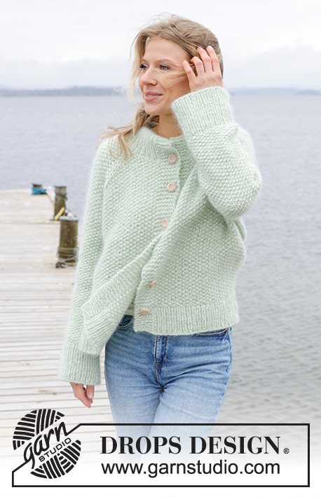 Green Whisper Cardigan / DROPS 243-4 - Knitted jacket in DROPS Air and DROPS Kid-Silk. The piece is worked top down with moss stitch, double neck, raglan and split in the sides. Sizes S - XXXL.