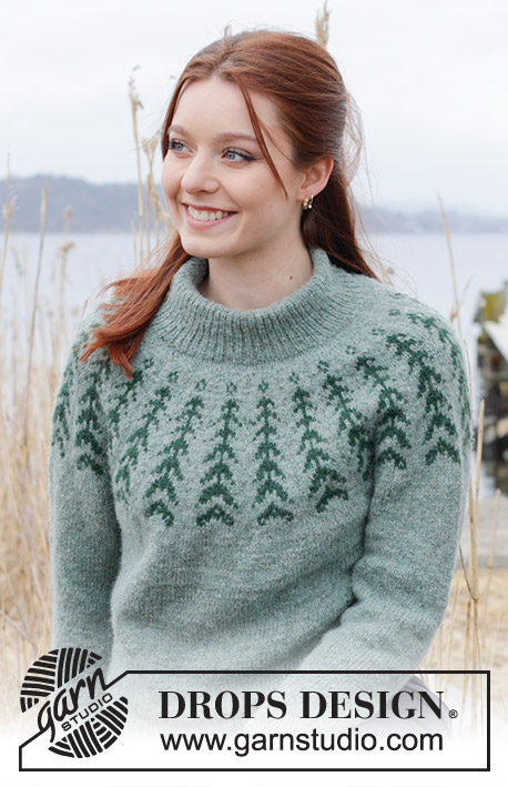 Ancient Woodlands Sweater / DROPS 244-1 - Knitted jumper in DROPS Sky. The piece is worked top down with double neck, round yoke, Nordic pattern and split in sides. Sizes S - XXXL.