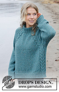 Emerald Lake Sweater / DROPS 244-12 - Sweter na drutach, przerabiany od góry do dołu, z włóczki DROPS Sky. Z wysokim wykończeniem dekoltu, reglanowymi podkrojami rękawów, warkoczami i pęknięciami na bokach. Od XS do XXL.