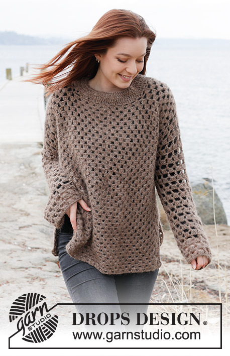 Chestnut Bay / DROPS 244-14 - Crocheted sweater in DROPS Brushed Alpaca Silk and DROPS Flora. The piece is worked from the middle outwards, in squares. Sizes S - XXXL.