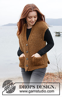 Caramel Ridge / DROPS 244-20 - Knitted vest in DROPS Alaska. The piece is worked bottom up with English rib, V-neck, pockets and split in sides. Sizes S - XXXL.