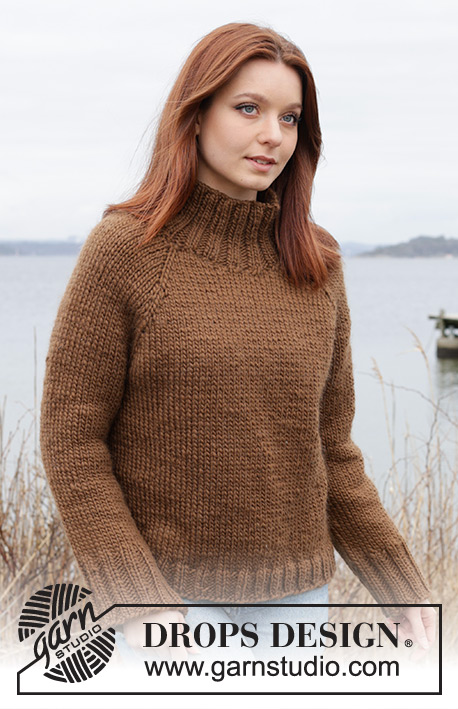 Autumn Amber Sweater / DROPS 244-25 - Knitted sweater in DROPS Snow. The piece is worked top down with stockinette stitch, raglan and high neck. Sizes S - XXXL.
