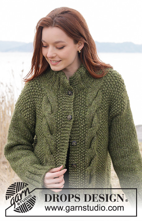 Moss Vine Cardigan / DROPS 244-31 - Knitted jacket in 2 strands DROPS Air or 1 strand DROPS Wish. The piece is worked bottom up with cables, moss stitch, split in sides and double neck. Sizes XS - XXL.