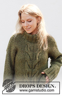 Moss Vine Sweater / DROPS 244-32 - Sweter na drutach, przerabiany od dołu do góry 2 nitkami włóczki DROPS Air lub 1 nitką DROPS Wish. Z warkoczami, ściegiem ryżowym, pęknięciami na bokach i podwójnym wykończeniem dekoltu. Od XS do XXL.