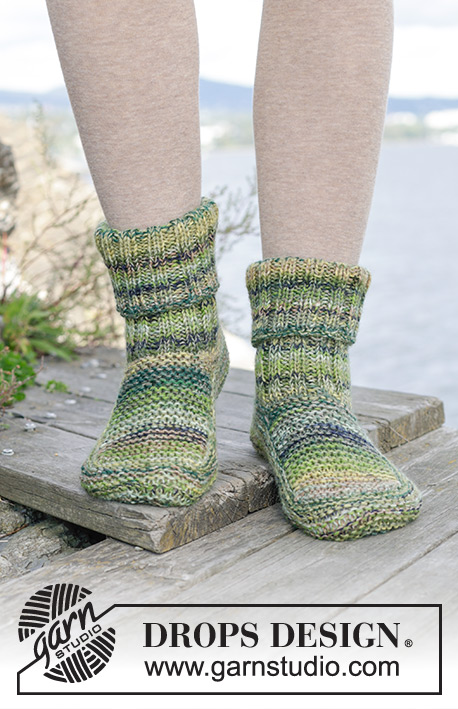 Woodland Trail / DROPS 244-34 - Knitted slippers with garter stitch and rib, in 2 strands DROPS Fabel. Sizes 35 – 43.