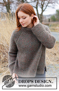 Forest Trails Sweater / DROPS 244-4 - Raglánový pulovr se stojáčkem a postranními rozparky pletený shora dolů perličkovým vzorem ze 4 vláken příze DROPS Kid-Silk. Velikost S – XXXL.