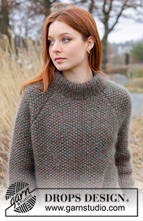 Forest Trails Sweater / DROPS 244-4 - Raglánový pulovr se stojáčkem a postranními rozparky pletený shora dolů perličkovým vzorem ze 4 vláken příze DROPS Kid-Silk. Velikost S – XXXL.