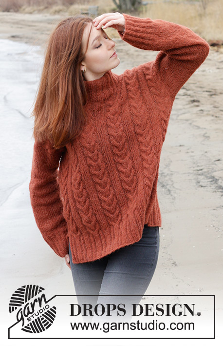 Flaming Heart Sweater / DROPS 245-10 - DROPS Brushed Alpaca Silk lõngast alt üles kootud palmikutega topeltkaelusega ja lõhikutega džemper suurustele S kuni XXXL