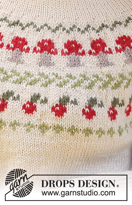 Mushroom Season Sweater / DROPS 245-11 - Gebreide trui in DROPS Karisma. Het werk wordt van boven naar beneden gebreid met dubbele halsrand, ronde pas, gekleurd patroon met paddenstoelen en bessen en split in de zijkanten. Maten S - XXXL.