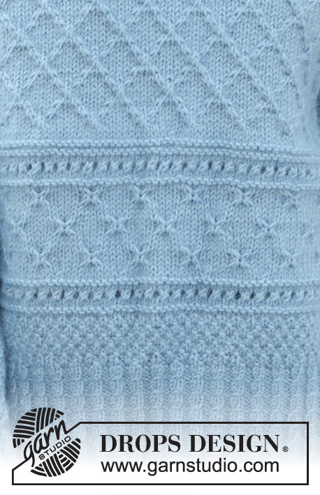 Blue Diamonds Sweater / DROPS 245-14 - Maglione lavorato ai ferri in DROPS Karisma e DROPS Kid-Silk. Lavorato dall’alto in basso con diagonali delle spalle, motivo in rilievo, spacchi laterali e collo doppio. Taglie: S - XXXL.