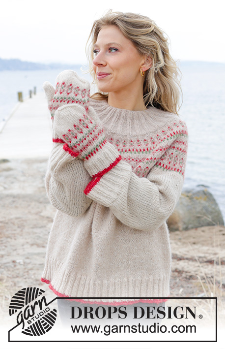 Something About Holly Sweater / DROPS 245-19 - Pull tricoté de haut en bas en DROPS Air. Se tricote avec empiècement arrondi et jacquard. Du S au XXXL.