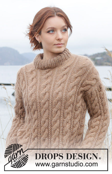 Cinnamon Swirls / DROPS 245-20 - Knitted jumper in DROPS Puna and DROPS Kid-Silk. The piece is worked top down with European/diagonal shoulders, cables, double neck and split in sides. Sizes S - XXXL.