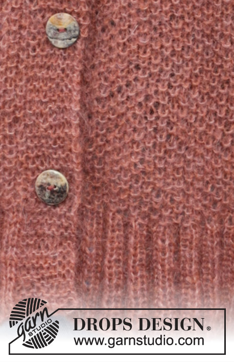 Copper River Cardigan / DROPS 245-21 - Rozpinany sweter na drutach, przerabiany od góry do dołu z włóczki DROPS Kid-Silk. Ze ściegiem ryżowym, reglanowymi rękawami i dekoltem V. Od S do XXXL.
