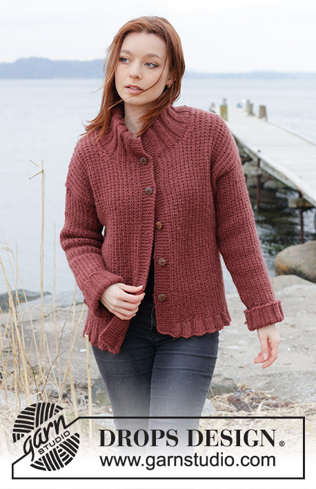 Rustic Berry Cardigan / DROPS 245-27 - Knitted jacket in DROPS Alaska. The piece is worked bottom up with relief-pattern, diagonal shoulders and double neck. Sizes S - XXXL.