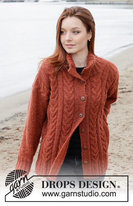 Flaming Heart Cardigan / DROPS 245-9 - Knitted jacket in DROPS Brushed Alpaca Silk. The piece is worked bottom up with cables, double neck and split in sides. Sizes S - XXXL.
