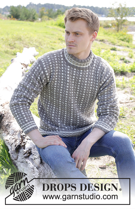 Winter Twilight / DROPS 246-1 - Pull tricoté pour homme en DROPS Merino Extra Fine. Se tricote de bas en haut avec jacquard nordique/islandais, col doublé et manches montées. Du S au XXXL.