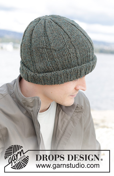 Woodland Shade Hat / DROPS 246-25 - Knitted hat for men in 2 strands DROPS Alpaca. The piece is worked bottom up with rib. Size M – XL.
