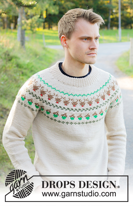 Reindeer Dance Sweater / DROPS 246-42 - Pánský pulovr s kruhovým sedlem a pestrobarevným norským vzorem se soby pletený shora dolů z příze DROPS Daisy. Velikost S - XXXL.