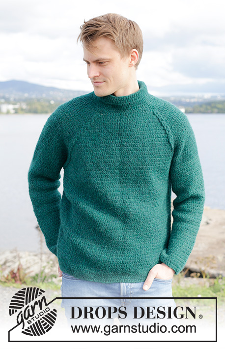 Irish Hill / DROPS 246-5 - Crocheted sweater for men in DROPS Air. The piece is worked top down with raglan, cables and long sleeves. Size S - XXXL.