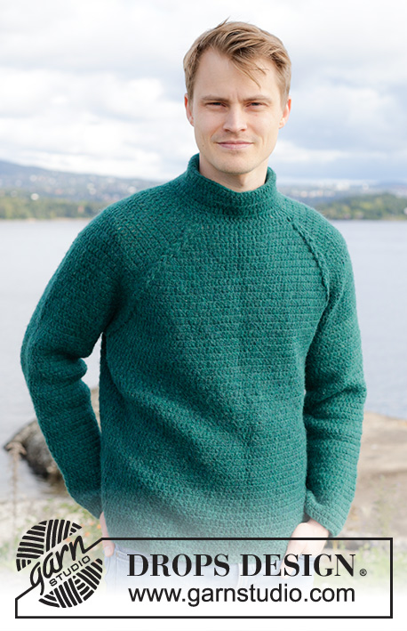 Irish Hill / DROPS 246-5 - Crocheted jumper for men in DROPS Air. The piece is worked top down with raglan, cables and long sleeves. Size S - XXXL.
