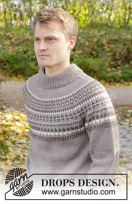 Boreal Circle / DROPS 246-9 - Pull tricoté de haut en bas pour homme en DROPS Karisma. Se tricote avec empiècement arrondi, jacquard nordique et col doublé. Du S au XXXL.