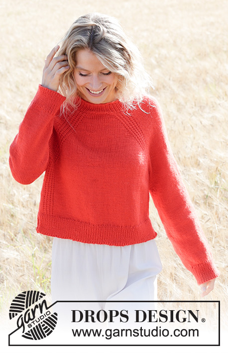 Red Sunrise / DROPS 248-10 - Knitted jumper in DROPS Daisy. The piece is worked top down with raglan, relief-pattern, split in sides and I-cord. Sizes S - XXXL.