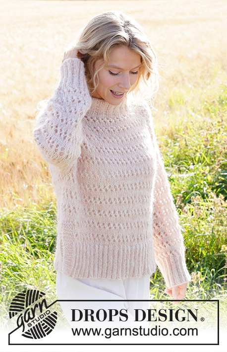 Sommervind / DROPS 248-15 - Knitted jumper in DROPS Alpaca and DROPS Brushed Alpaca Silk. The piece is worked top down with raglan, double neck, lace pattern and split in sides. Sizes S - XXXL.