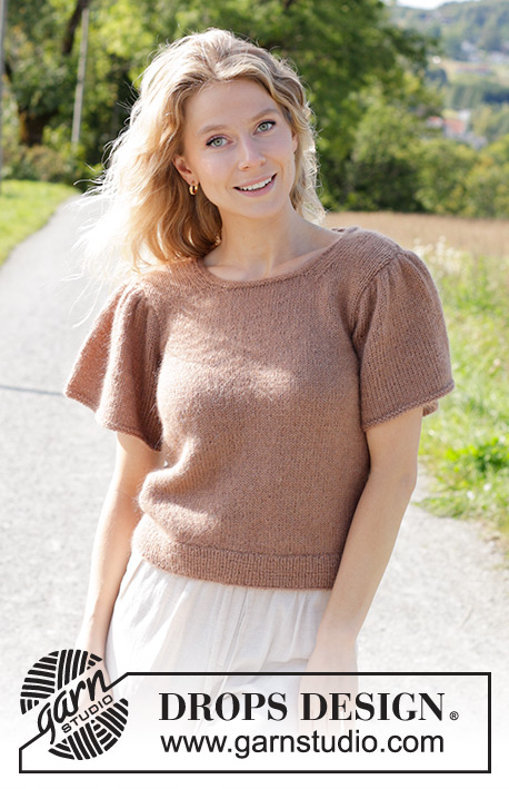 Brown Butterflies Top / DROPS 248-20 - Knitted jumper with short sleeves in DROPS Alpaca and DROPS Kid-Silk. The piece is worked bottom up with round neck + I-cord and short, puffed sleeves. Sizes S - XXXL.