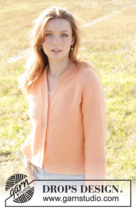 Perfectly Peach Jacket / DROPS 248-23 - Knitted jacket in DROPS Air. The piece is worked top down with moss stitch, raglan, V-neck and I-cord. Sizes XS - XXL.