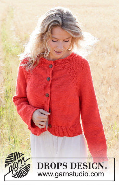 Red Sunrise Cardigan / DROPS 248-9 - Gilet tricoté de haut en bas, en DROPS Daisy. Se tricote avec emmanchures raglan, point fantaisie relief, fente sur les côtés et bordure I-cord. Du S au XXXL.