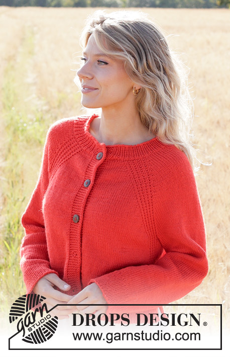 Red Sunrise Cardigan / DROPS 248-9 - Rozpinany sweter na drutach, przerabiany od góry do dołu, z włóczki DROPS Daisy. Z reglanowymi rękawami, strukturalnym ściegiem fantazyjnym, pęknięciami na bokach i brzegiem I-cord. Od S do XXXL.