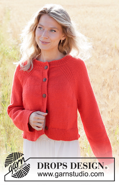 Red Sunrise Cardigan / DROPS 248-9 - Gilet tricoté de haut en bas, en DROPS Daisy. Se tricote avec emmanchures raglan, point fantaisie relief, fente sur les côtés et bordure I-cord. Du S au XXXL.