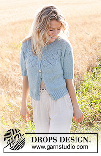 Blueberry Leaf Cardigan / DROPS 249-10 - Knitted jacket in DROPS Sky or DROPS Merino Extra Fine. Piece is knitted top down with round yoke, lace pattern, I-cord and short sleeves.
Size: S - XXXL
