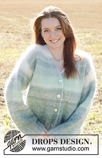Irish Morning / DROPS 249-14 - Knitted oversized jacket in DROPS Kid-Silk. Piece is knitted top down in stockinette stitch with European shoulder / diagonal shoulder, stripes, V-neck and I-Cord. Size XS – XXL.