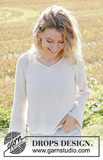 Morning Moon / DROPS 249-15 - Knitted jumper in DROPS Belle. The piece is worked top down with stocking stitch, raglan, V-neck and rolled edges. Sizes S-XXXL.