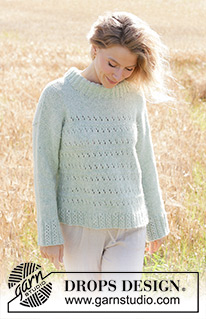 Mint to Be Sweater / DROPS 249-18 - Knitted sweater in DROPS Air. The piece is worked bottom up with lace pattern, diagonal shoulders, double neck and sewn-in sleeves. Sizes S - XXXL.