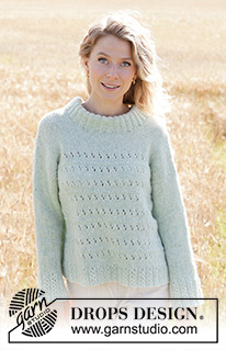 Mint to Be Sweater / DROPS 249-18 - Knitted jumper in DROPS Air. The piece is worked bottom up with lace pattern, diagonal shoulders, double neck and sewn-in sleeves. Sizes S - XXXL.
