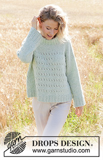 Mint to Be Sweater / DROPS 249-18 - Knitted sweater in DROPS Air. The piece is worked bottom up with lace pattern, diagonal shoulders, double neck and sewn-in sleeves. Sizes S - XXXL.