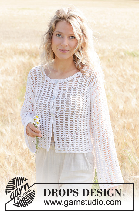 Moon Lace Cardigan / DROPS 249-32 - Crocheted jacket in DROPS Belle. The piece is worked bottom up with lace pattern and wide, sewn-in sleeves. Sizes S - XXXL.