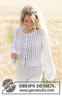 Moon Lace Cardigan / DROPS 249-32 - Crocheted jacket in DROPS Belle. The piece is worked bottom up with lace pattern and wide, sewn-in sleeves. Sizes S - XXXL.