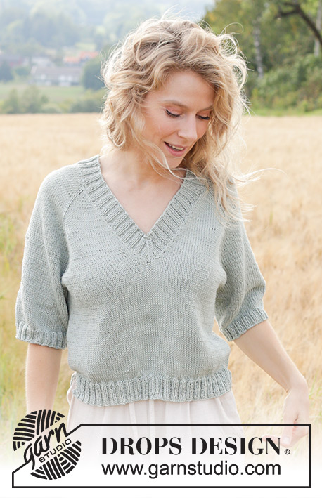 Spring Novel / DROPS 249-33 - Knitted top/T-shirt in DROPS Muskat or DROPS Merino Extra Fine. The piece is worked top down with stocking stitch, raglan, V-neck, short sleeves and split in sides. Sizes XS - XXL.