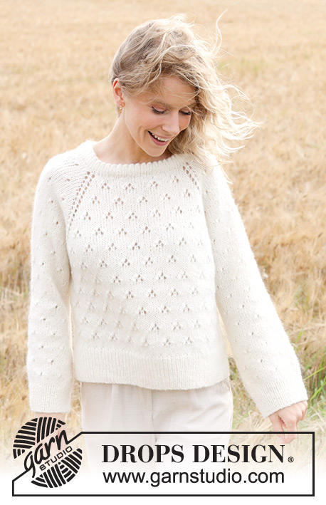 Spring Snowflake / DROPS 249-4 - Knitted sweater in DROPS Air or DROPS Paris. The piece is worked top down with double neck, raglan, lace pattern and split in sides. Sizes S - XXXL.